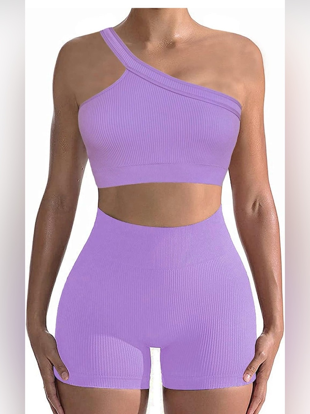 Amazon Lilac One-Shoulder Seamless Ribbed Sports Bra & High-Waist Shorts Set - M